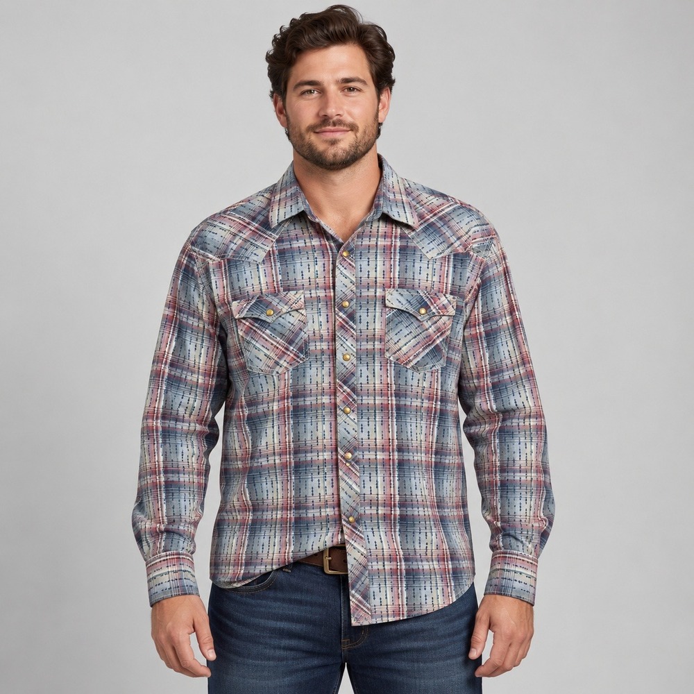 Wrangler Retro Premium Mens XL Blue Red Plaid Western Snap Long Sleeve Shirt